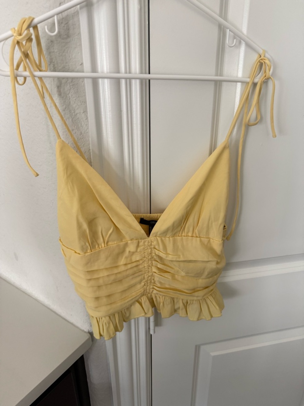 Forever 21 Pale Yellow Tie-Shoulder Ruffled Crop Top